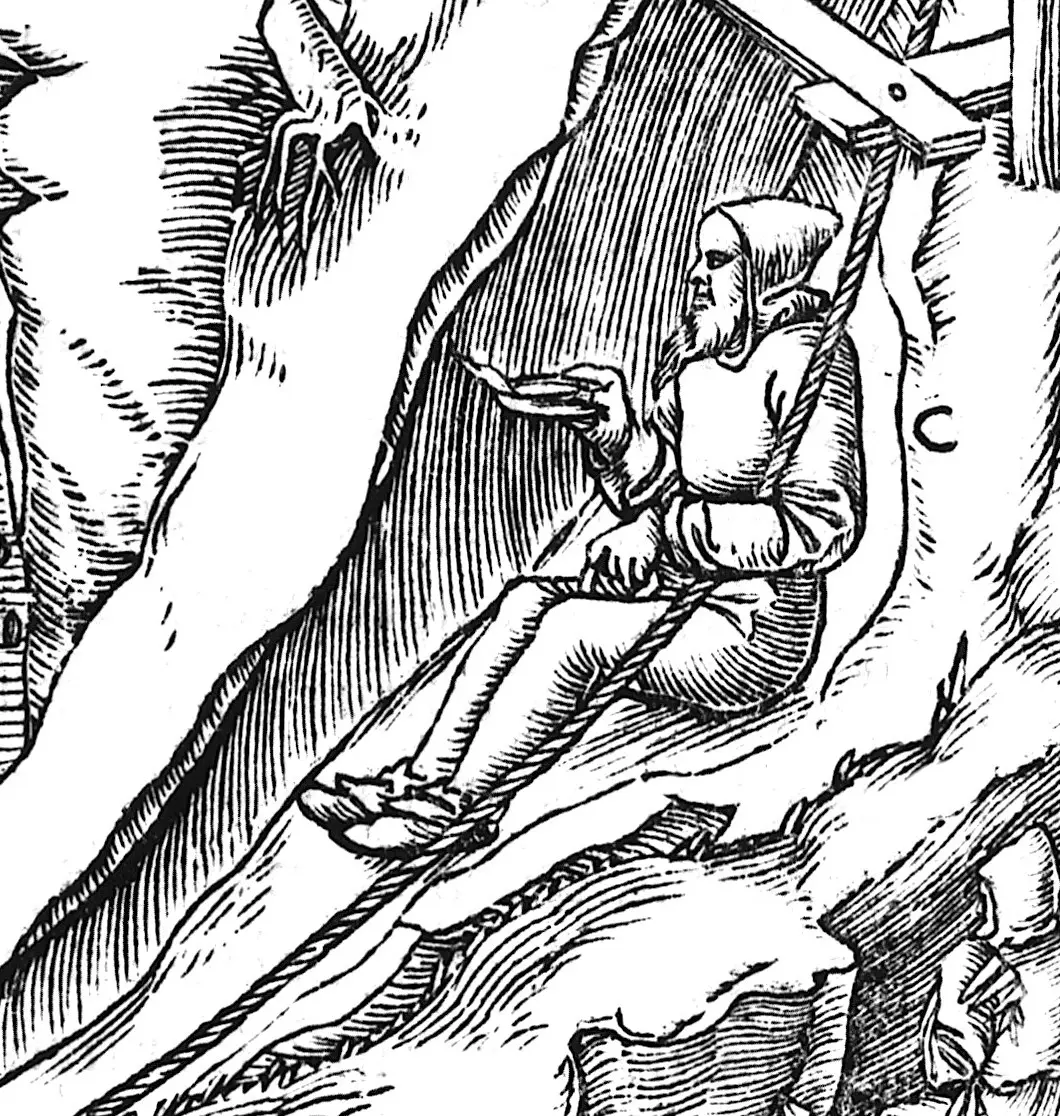 A woodcut of a miner sliding down a steep mine passage on a leather seat, holding a lamp.